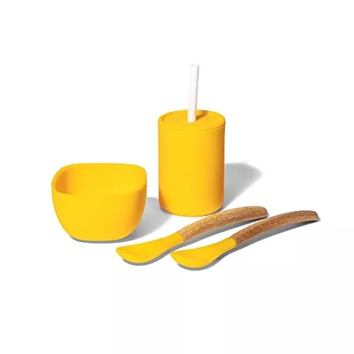 Avanchy Baby Gift Set - Mini Silicone Bowl & Cup, Bamboo Spoons - Safe, Easy-Clean - Green