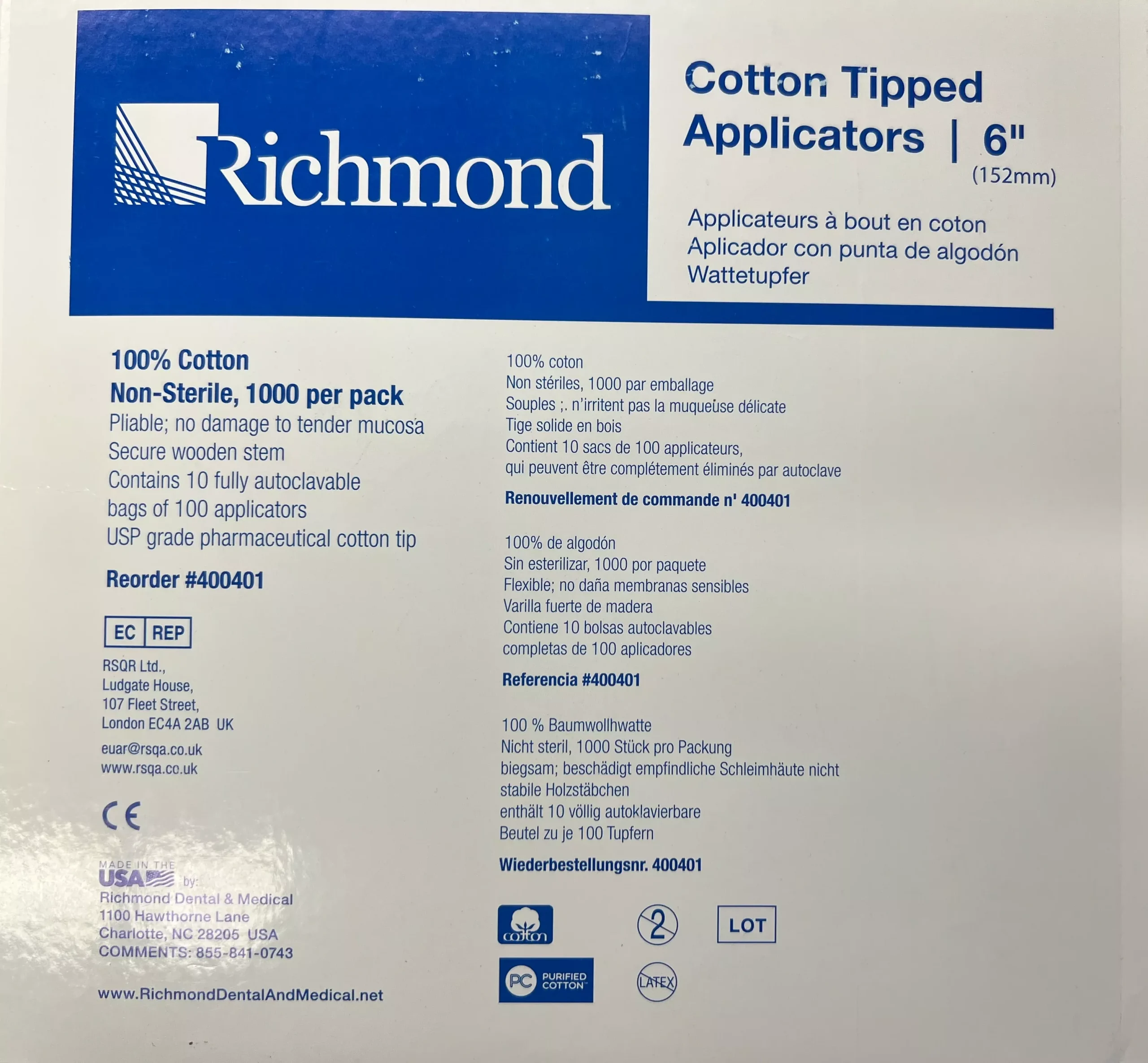 Cotton Tipped Applicators 6" 1000/bx. - Richmond