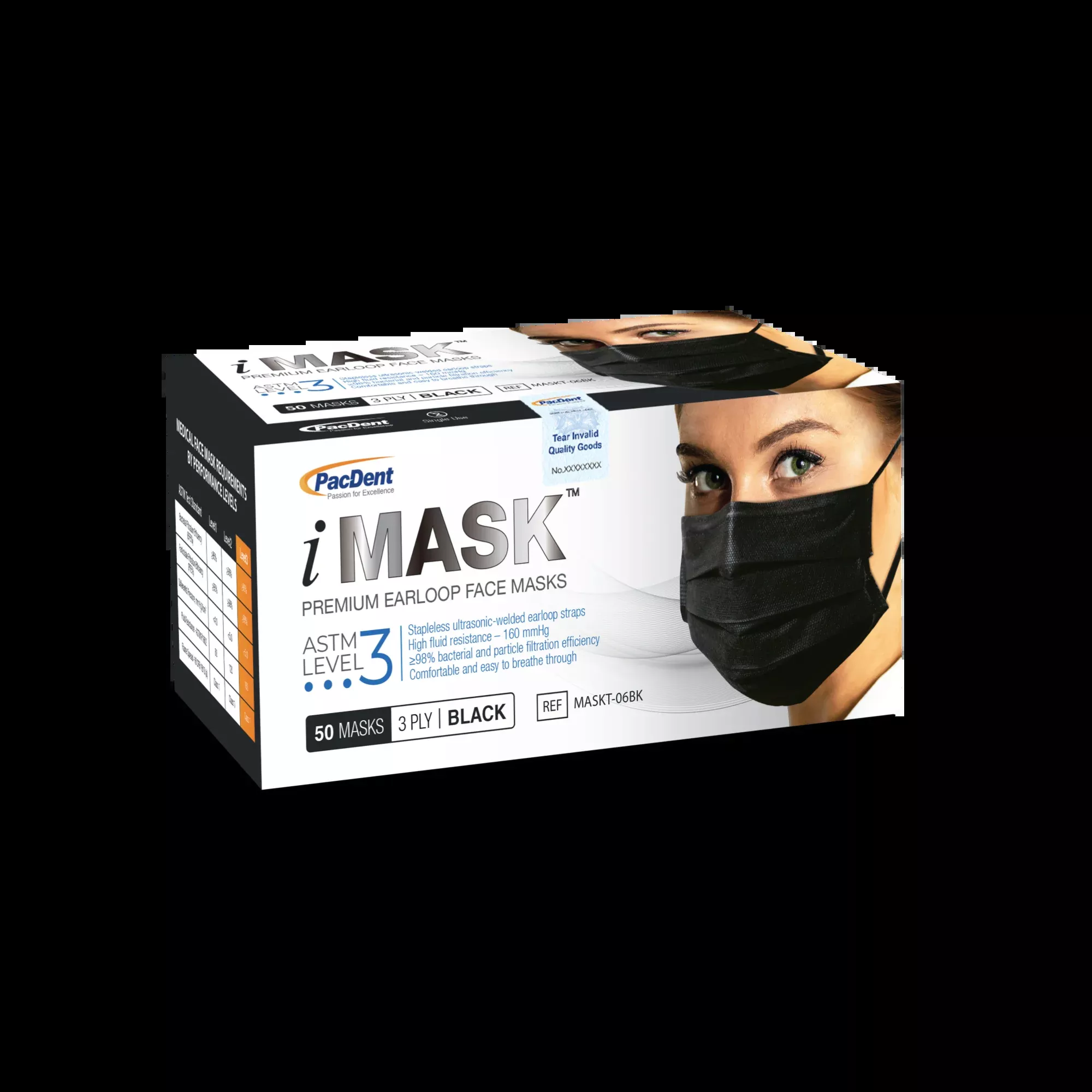 Pac-Dent - iMask Premium Ear-Loop Masks ASTM Level 3, Black, 50/Box